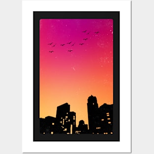 Colorful Sky w/ Birds and Buildings Silhouette Posters and Art